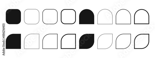 Set of square, arch, half arc and leaf shapes and frames. Templates for greeting cards, business brochures, event or party banners in archway form isolated on white background. Vector illustration.