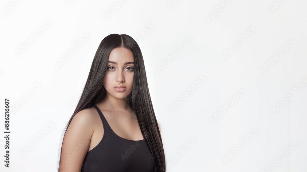 An Indian woman with long straight hair standing on a white background haircare concept An Indian woman with long straight hair standing on a white background haircare concept