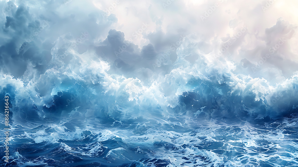 Dramatic ocean waves crashing under a cloudy sky, showcasing the power and beauty of nature's forces in vivid detail. Dramatic ocean waves crashing under a cloudy sky, showcasing the power and beauty of nature's forces in vivid detail.