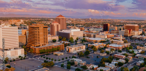 Fototapeta Naklejka Na Ścianę i Meble -  Downtown city skyline of Albuquerque at sunset, New Mexico, United States of America.