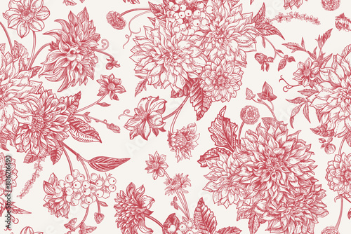 Seamless pattern with autumn flowers, herbs and berries. Vintage background in engraving style. Vector botanical detailed illustration. Red.