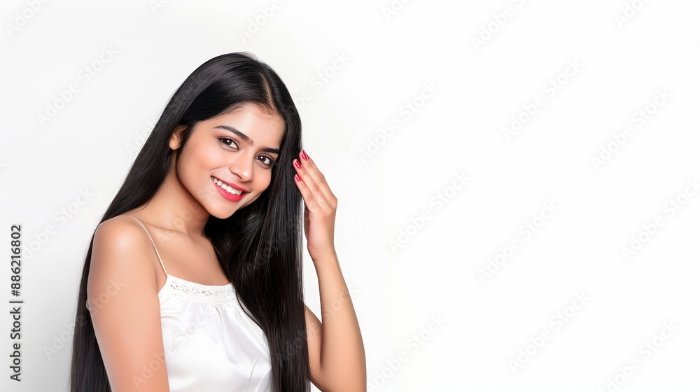 An Indian woman with long black hair touching her shiny smooth straight hair against a white background haircare theme An Indian woman with long black hair touching her shiny smooth straight hair against a white background haircare theme