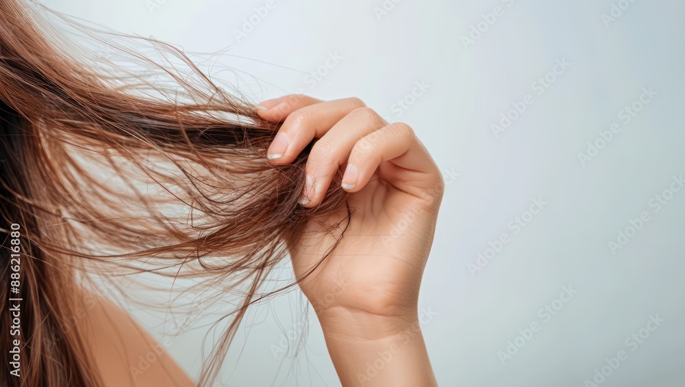 A close up of woman holding hair showing dry and damaged hair on white background haircare theme A close up of woman holding hair showing dry and damaged hair on white background haircare theme