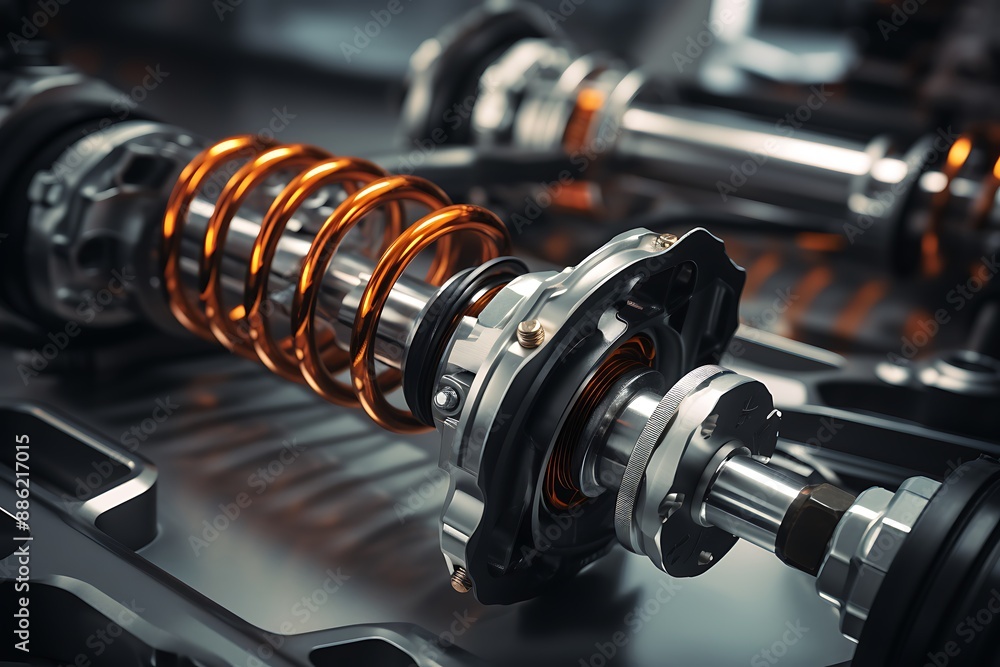 Naklejka premium Close-up of a car shock absorber. 3d rendering