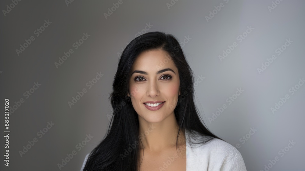 An Indian woman with long black hair standing on a grey background haircare idea An Indian woman with long black hair standing on a grey background haircare idea