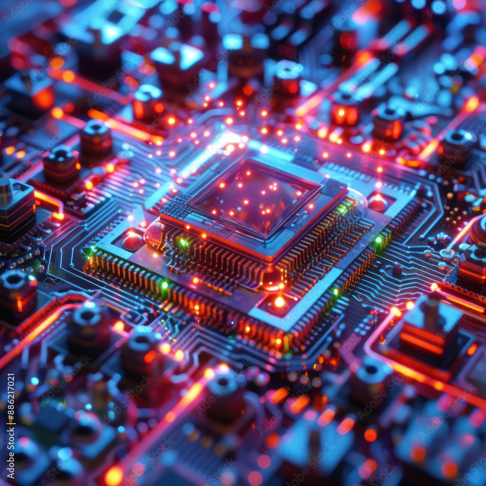 Glowing microchip on a vibrant circuit board Glowing microchip on a vibrant circuit board