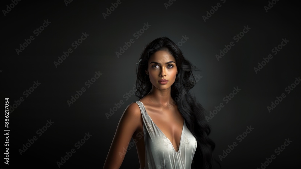 An Indian woman with long hair looking at camera on grey background haircare idea An Indian woman with long hair looking at camera on grey background haircare idea