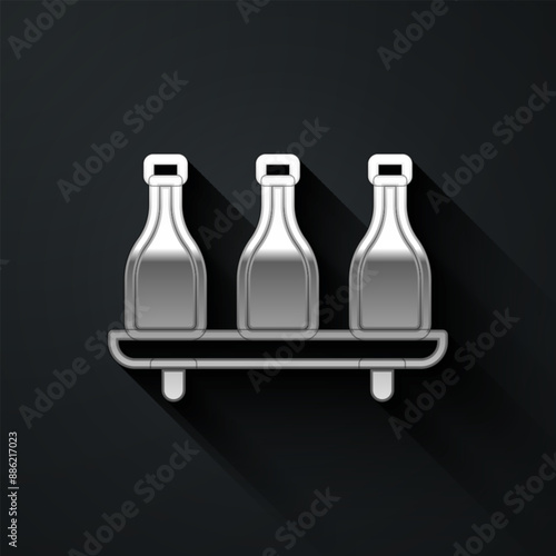 Silver Bottle of wine icon isolated on black background. Wine varieties. Long shadow style. Vector