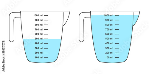 Half-full and water-filled measuring cups with 1 liter volume. Liquid containers for cooking with fluid capacity scale isolated on white background. Vector flat illustration.