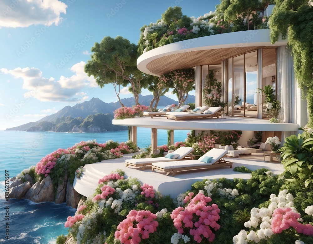 Fototapeta premium Beautiful hotel with flowers on the ocean