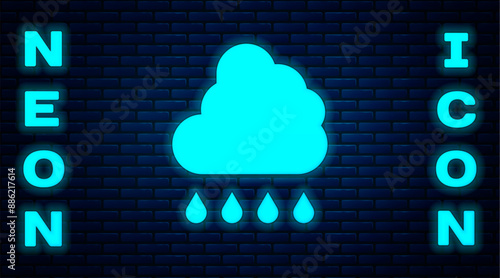 Glowing neon Cloud with rain icon isolated on brick wall background. Rain cloud precipitation with rain drops. Vector