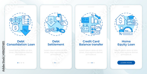 Debt consolidation programs blue onboarding mobile app screen. Walkthrough 4 steps editable graphic instructions with linear concepts. UI, UX, GUI template. Montserrat SemiBold, Regular fonts used