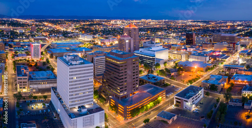 Downtown city skyline of Albuquerque at night, New Mexico, United States of America.