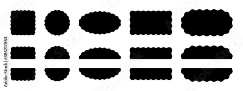 Set of square, circle, oval and rectangle whole and half shapes with scallop borders. Wavy geometric forms. Blank text boxes, tags or labels isolated on white background. Vector graphic illustration.