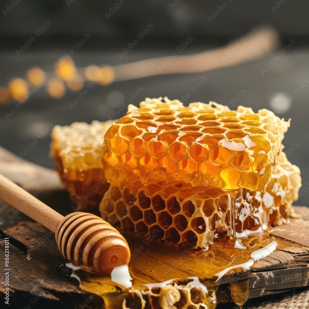 Fresh honeycomb with honey dipper on wooden surface Fresh honeycomb with honey dipper on wooden surface