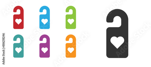 Black Please do not disturb with heart icon isolated on white background. Hotel Door Hanger Tags. Set icons colorful. Vector