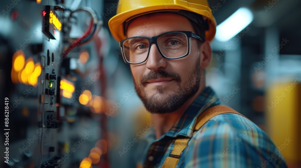 Engineer working on industrial control panel Engineer working on industrial control panel
