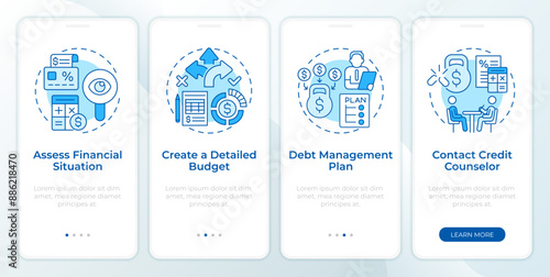 Debt restructuring process blue onboarding mobile app screen. Walkthrough 4 steps editable graphic instructions with linear concepts. UI, UX, GUI template. Montserrat SemiBold, Regular fonts used