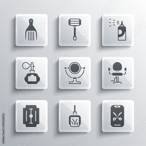 Set Dustpan, Barber online service or platform, Barbershop chair, Round makeup mirror, Blade razor, Aftershave, Barrette and Spray can hairspray icon. Vector