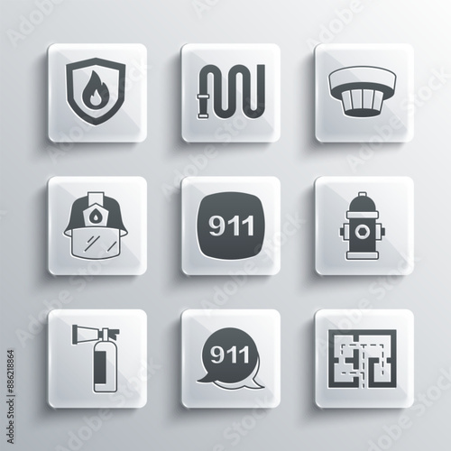 Set Emergency call 911, Evacuation plan, Fire hydrant, extinguisher, Firefighter helmet, protection shield and Smoke alarm system icon. Vector