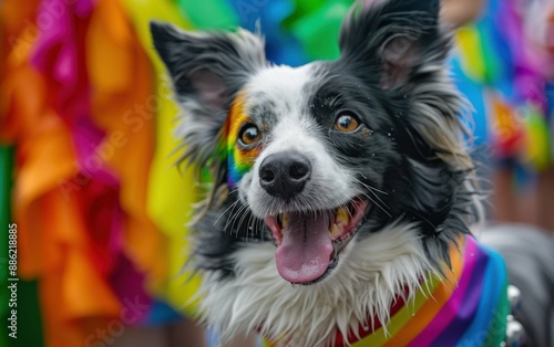 A cheerful Border Collie with heterochromia multico smiles at the camera, adorned with vibrant rainbow colors at a Pride parade photo