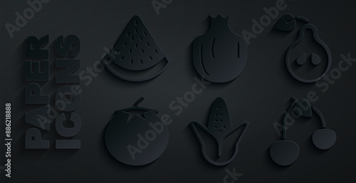 Set Corn, Pear, Tomato, Cherry, Pomegranate and Watermelon icon. Vector