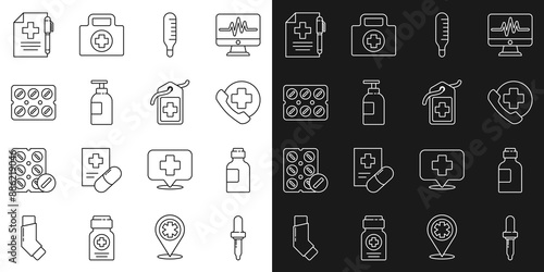 Set line Pipette, Bottle of medicine syrup, Emergency phone call to hospital, Medical thermometer, Hand sanitizer bottle, Pills blister pack, prescription pen and Cross medical tag icon. Vector