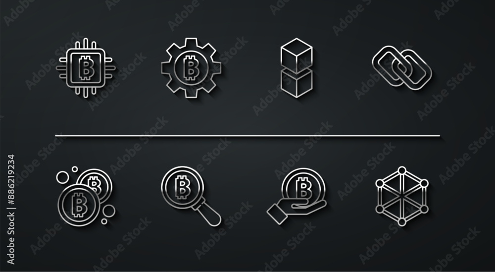 Set line CPU mining farm, Bitcoin, Chain link, Hand holding, Magnifying glass with, Cryptocurrency, Blockchain technology and icon. Vector Set line CPU mining farm, Bitcoin, Chain link, Hand holding, Magnifying glass with, Cryptocurrency, Blockchain technology and icon. Vector