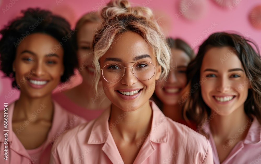 Obraz premium Five happy businesswomen of different ethnicities stand shoulder-to-shoulder in front of a pink wall, smiling for a portrait