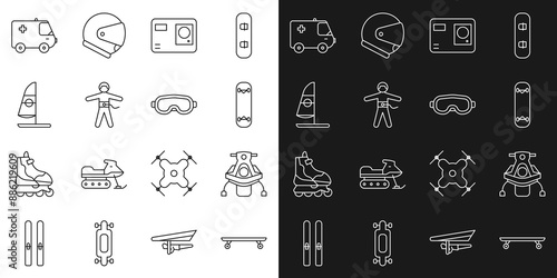 Set line Longboard or skateboard, Snowmobile, Skateboard trick, Action extreme camera, Bungee jumping, Windsurfing, Ambulance and emergency car and Ski goggles icon. Vector