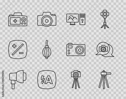 Set line Softbox light, Tripod, Photo retouching, Auto flash, camera, Dust blower, and icon. Vector