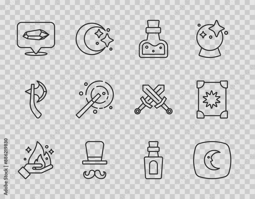Set line Hand holding fire, Moon stars, Bottle with potion, Magician, stone, wand, and Ancient magic book icon. Vector Set line Hand holding fire, Moon stars, Bottle with potion, Magician, stone, wand, and Ancient magic book icon. Vector