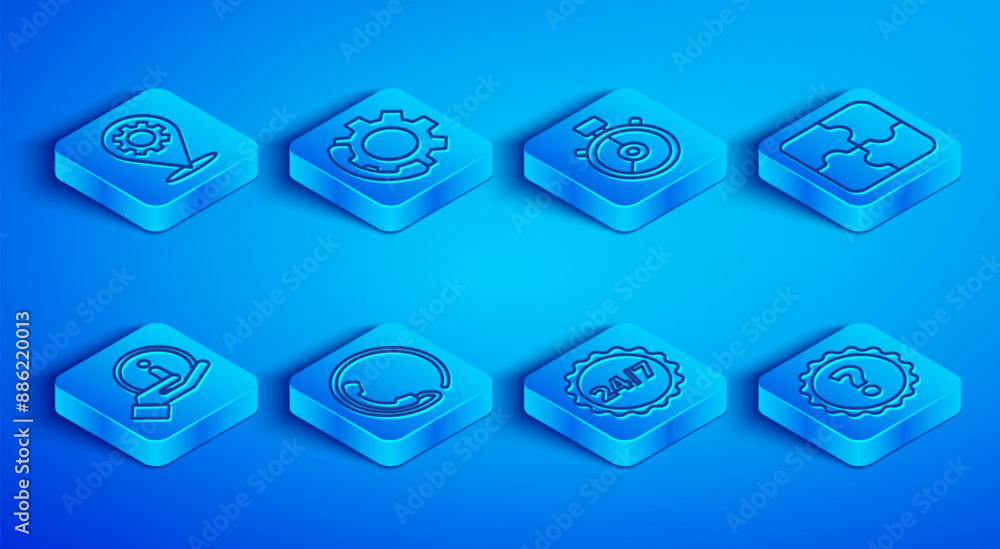 Set line Location with gear, Telephone 24 hours support, Stopwatch, Clock, Piece of puzzle, Information and Question mark icon. Vector Set line Location with gear, Telephone 24 hours support, Stopwatch, Clock, Piece of puzzle, Information and Question mark icon. Vector