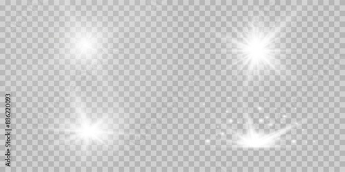 Set of golden glowing lights effects isolated on transparent background. Sun flash with rays and spotlight. Glow light effect. Star burst with sparkles.