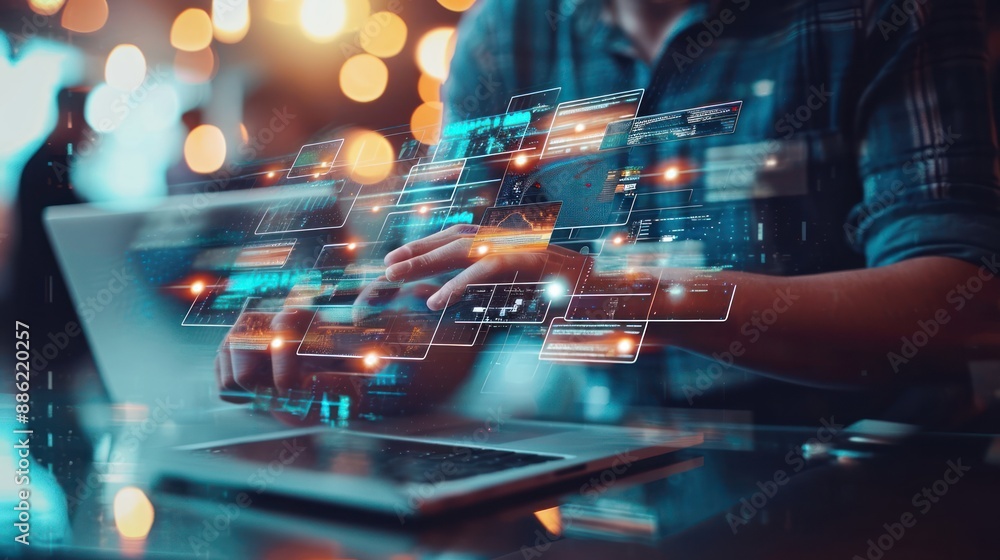 Person using laptop with futuristic data interface overlay Person using laptop with futuristic data interface overlay