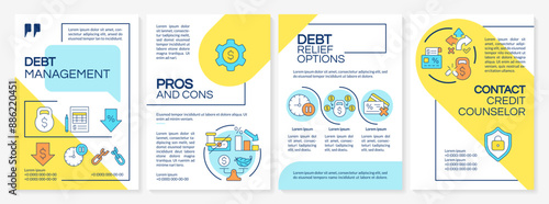 Debt management blue and yellow brochure template. Interest rate. Leaflet design with linear icons. Editable 4 vector layouts for presentation, annual reports. Questrial, Lato-Regular fonts used