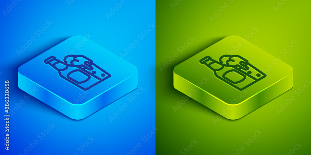 Isometric line Beer bottle and glass icon isolated on blue and green background. Alcohol Drink symbol. Square button. Vector Isometric line Beer bottle and glass icon isolated on blue and green background. Alcohol Drink symbol. Square button. Vector