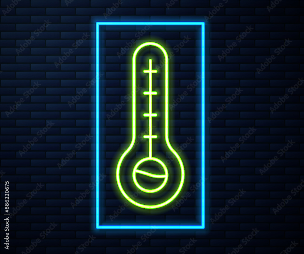 Glowing neon line Meteorology thermometer measuring heat and cold icon isolated on brick wall background. Thermometer equipment showing hot or cold weather. Vector Glowing neon line Meteorology thermometer measuring heat and cold icon isolated on brick wall background. Thermometer equipment showing hot or cold weather. Vector