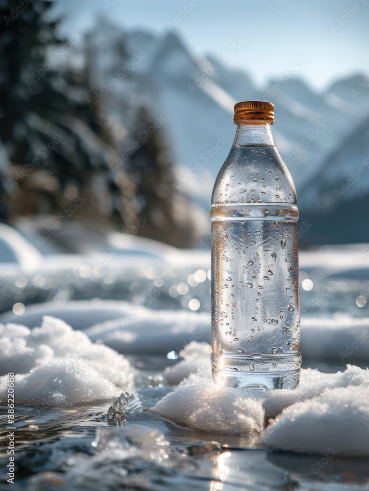 Water bottle on snowy surface with mountain background Water bottle on snowy surface with mountain background