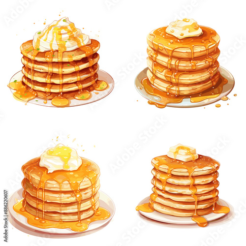 Four stacks of pancakes with syrup on top
