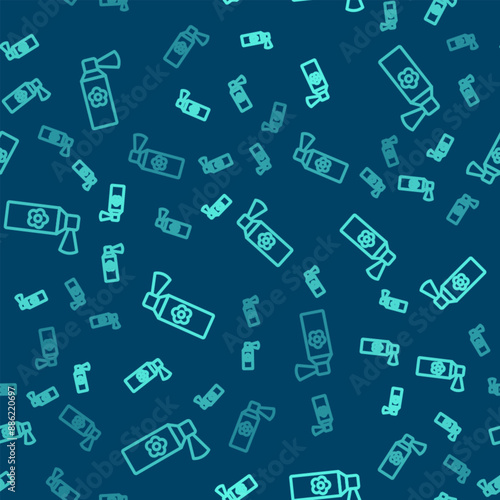 Green line Air freshener spray bottle icon isolated seamless pattern on blue background. Air freshener aerosol bottle. Vector