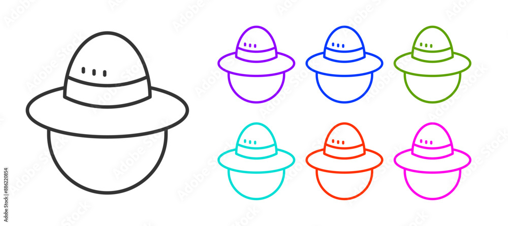 Black line Camping hat icon isolated on white background. Beach hat panama. Explorer travelers hat for hunting, hiking, tourism. Set icons colorful. Vector Black line Camping hat icon isolated on white background. Beach hat panama. Explorer travelers hat for hunting, hiking, tourism. Set icons colorful. Vector