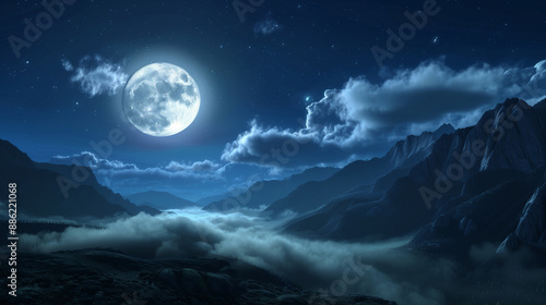 A serene night sky with a full moon and wispy clouds over mountains.