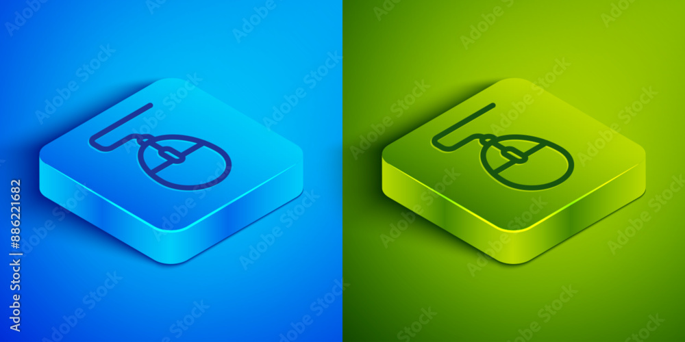 Isometric line Computer mouse gaming icon isolated on blue and green background. Optical with wheel symbol. Square button. Vector Isometric line Computer mouse gaming icon isolated on blue and green background. Optical with wheel symbol. Square button. Vector