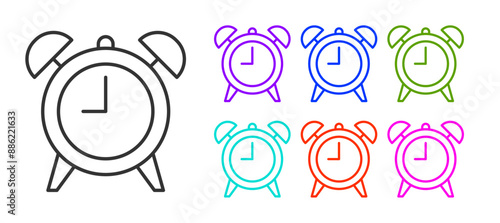 Black line Alarm clock icon isolated on white background. Wake up, get up concept. Time sign. Set icons colorful. Vector