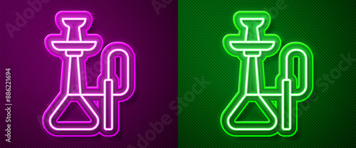 Glowing neon line Hookah icon isolated on purple and green background. Vector