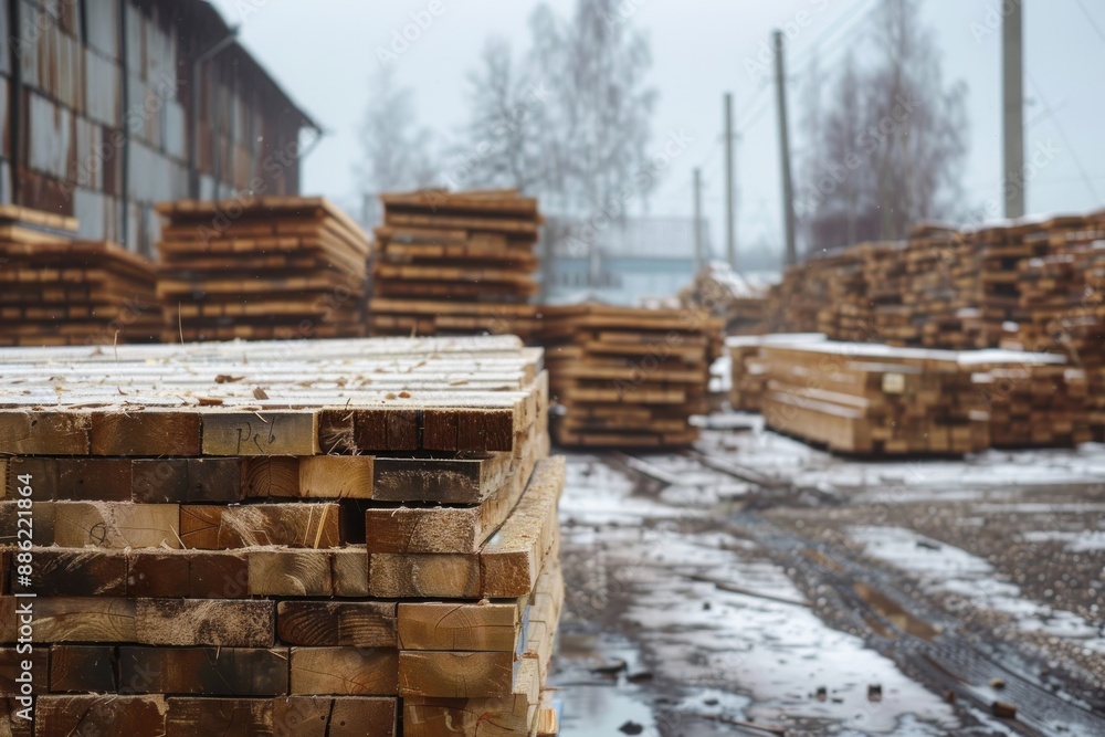 Wooden planks stacked in a wood storage facility. Outdoor facility for cutting lumber at a sawmill Wooden planks stacked in a wood storage facility. Outdoor facility for cutting lumber at a sawmill