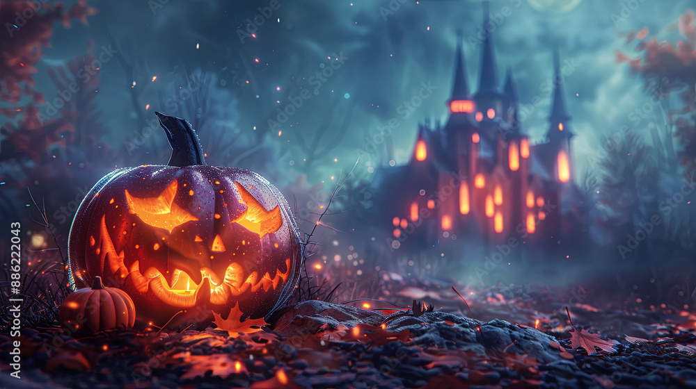 Naklejka premium Glowing jack-o-lantern with haunted castle in background spooky halloween