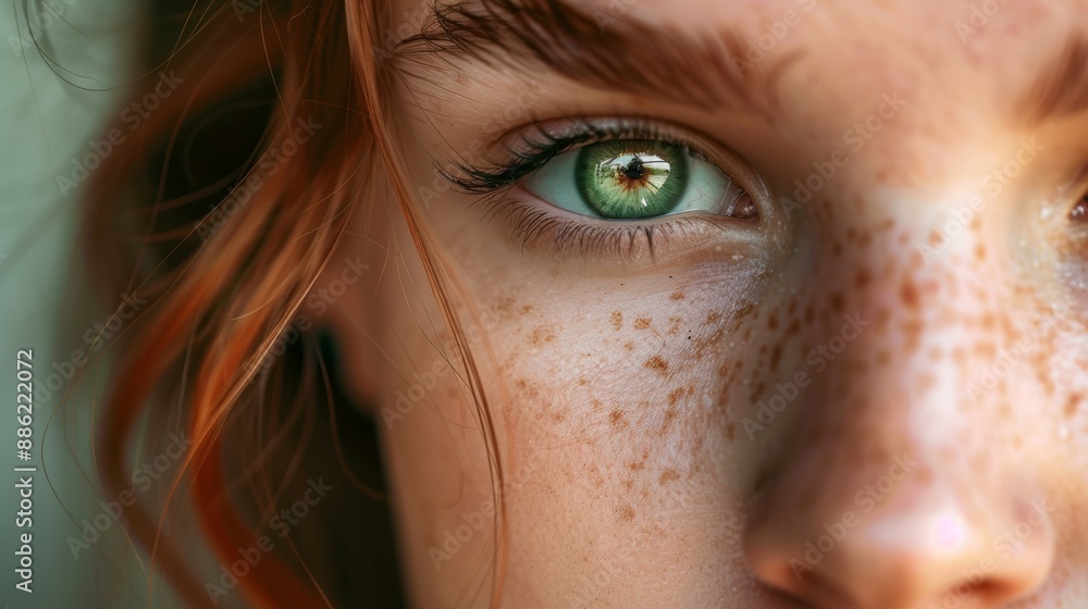 Fototapeta premium close up view of young woman green eye looking at camera 