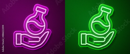 Glowing neon line Test tube and flask chemical laboratory test icon isolated on purple and green background. Laboratory glassware sign. Vector